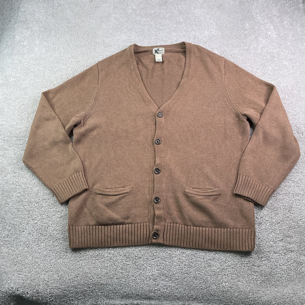 LL Bean Sweater Mens Large Brown Cardigan Cotton Knit V Neck Academia‎ Grandpa